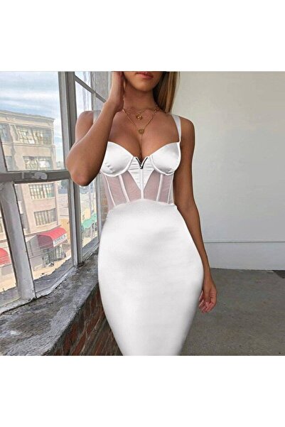 FASHION COCKTAIL Corset Fabric Transparent Detailed Thick Strap Bandage Eveni...