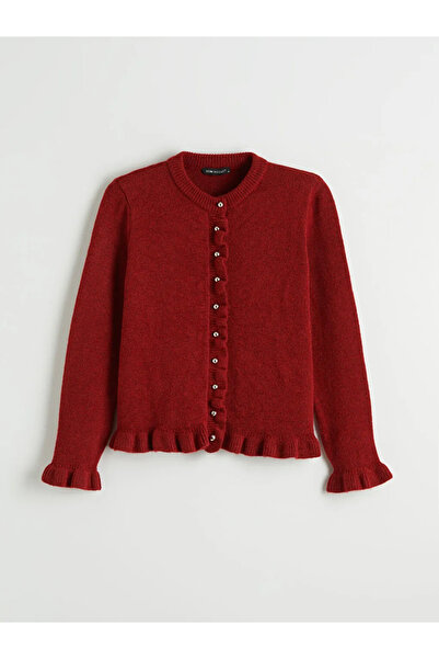 LC Waikiki Red Crew Neck Ruffled Women's Knitwear Cardigan