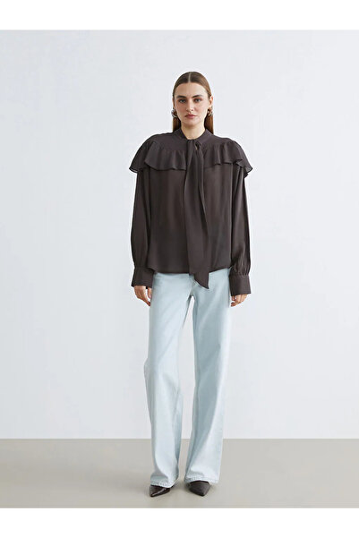 LC Waikiki Brown scarf collar ruffled Oversized blouse