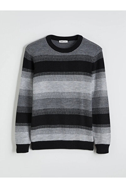 LC Waikiki Black Crew Neck Striped Men's Knitwear Sweater