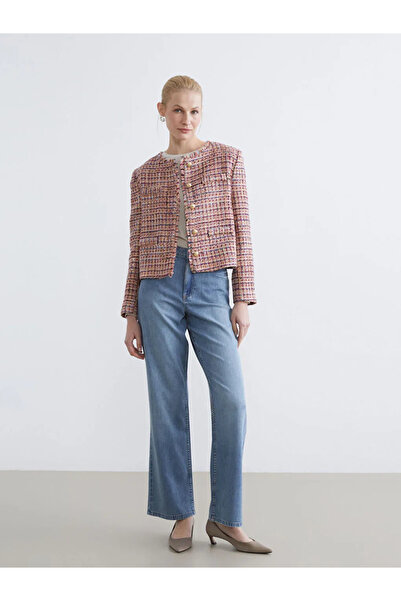 LC Waikiki Pink Crew Neck Plaid Women's Tweed Jacket