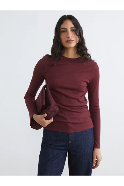 LC Waikiki Γυναικείο κορμάκι από ριμπ ύφασμα με λαιμόκοψη με σχέδιο δαμάσκηνου