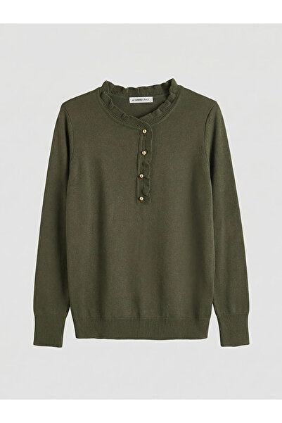 LC Waikiki Khaki Ruffled Stand Collar Women's Knitwear Sweater