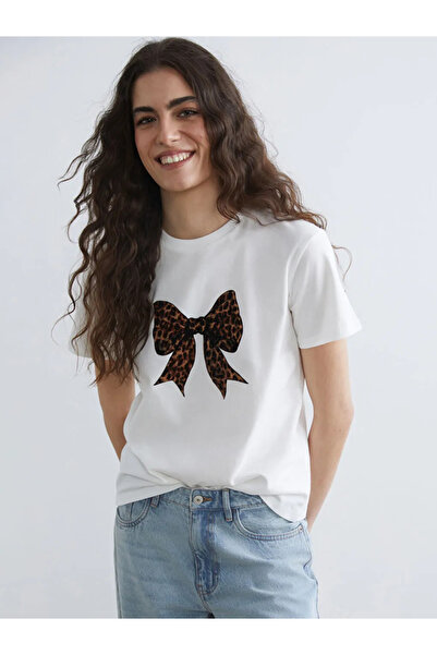 LC Waikiki Ecru Crew Neck Bow Printed Women's T-Shirt