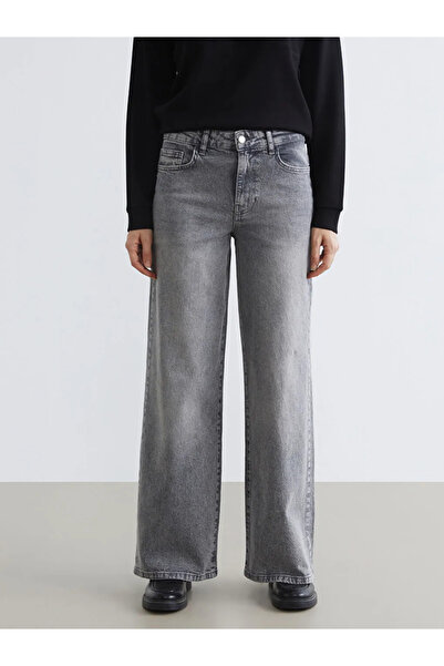 LC Waikiki Γκρι φαρδύ γυναικείο τζιν παντελόνι