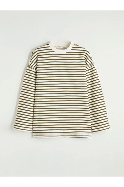 LC Waikiki Khaki Women's Oversized Fit Striped Sweatshirt Tunic