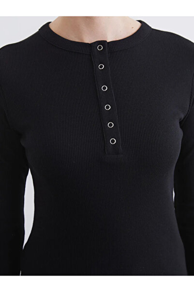 LC Waikiki Black Crew Neck Corded Fabric Women's Bodysuit