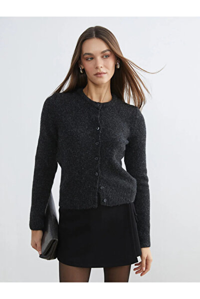 LC Waikiki Anthracite Crew Neck Wool Blend Women's Knitwear Cardigan