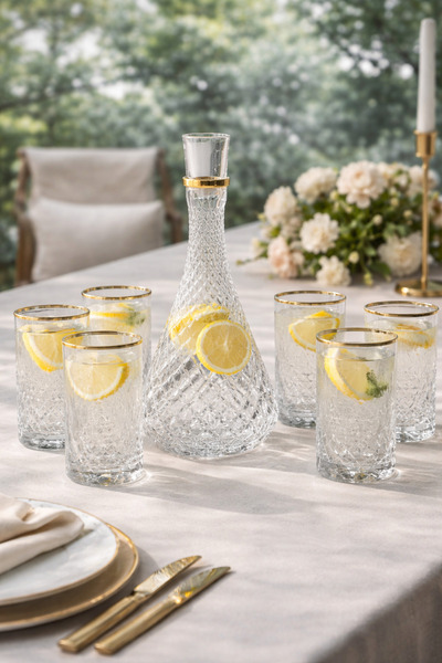 HOME SET 7 Parça Gold Yaldızlı Cam Sürahi Seti – 1 Adet Sürahi 6 Adet Kahve Y...