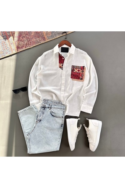 tiggir moda Men's Oversize Embroidered Linen Shirt and Jeans 2-Piece Set