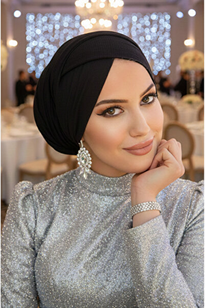 Aişe tesettür Black Evening Dress Tulle Cross Bonnet / Can Be Used over an Ev...