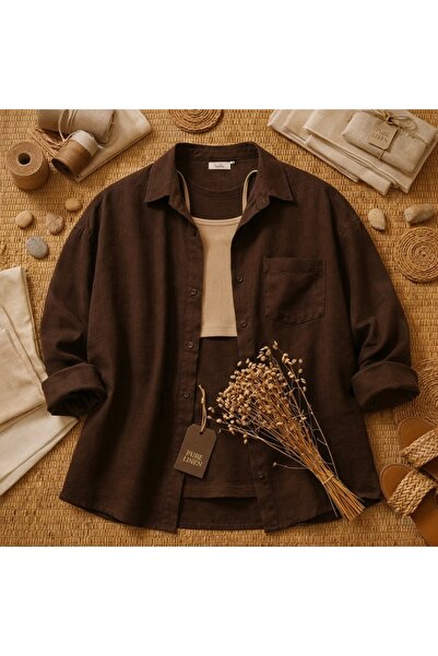 miremiran Doğal Keten Kumaş Oversize Salaş Kalıp Kadın Gömlek Rahat Kesim KAH...