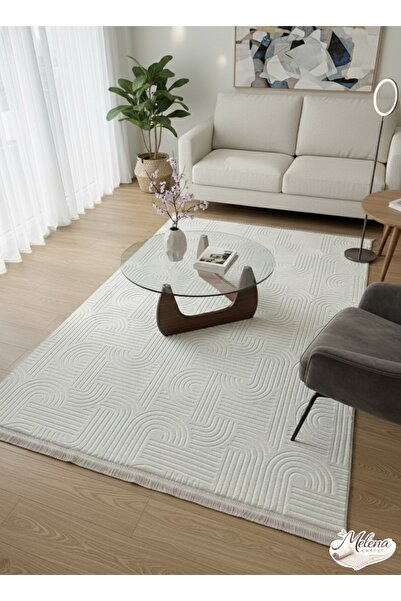 Konak Halı Modern Salon Halısı Premium Seri Açık Krem Emboss Kabartmalı Saçak...