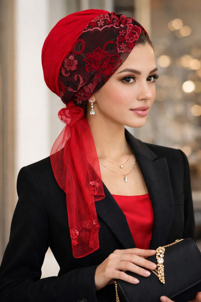 Aişe tesettür Red and Black Patterned Scarf Bonnet
