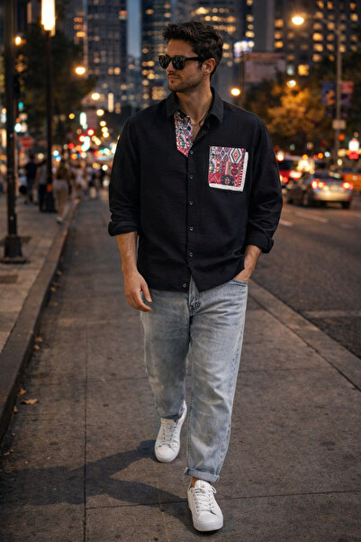 tiggir moda Men's Oversized Embroidered Linen Shirt and Jeans 2-Piece Set