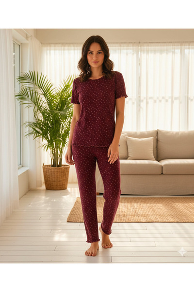 İpek Women's Short Sleeve Crew Neck 100% Cotton Tulip Pattern Ribbed Pajama Set