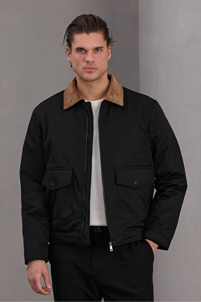Bossago Men's Black Jacket with Flap Pockets - Utility Style Seasonal Coat