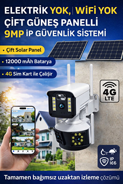 Yellowtech 9MP 4G Solar Güvenlik Kamerası Sim Kartlı – Çift Panel 12000mAh Ba...