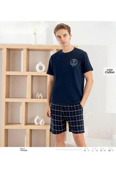 İpek Men's Short Sleeve Crew Neck Shorts Plaid Pattern 100% Cotton Pajama Set