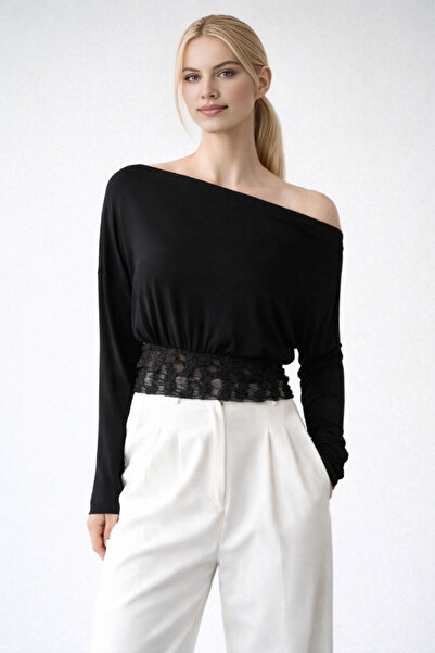 LOOSH Kadın Siyah Omuzları Açık Bel Dantel Detaylı Bluz