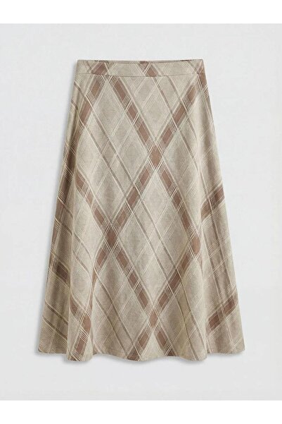 LC Waikiki Beige Elastic Waist Belted Diamond Patterned Skirt (S6)