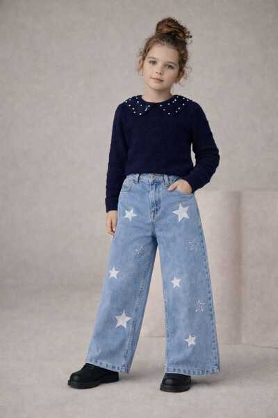 CHİCKİDSWEAR Girl's Washable Wide-Leg Embroidered Patterned Jean Trousers