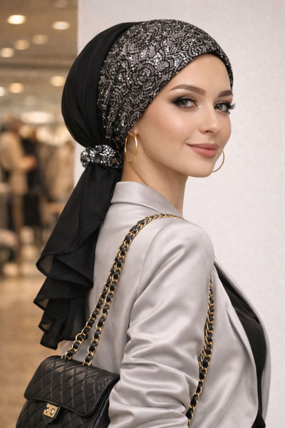 Aişe tesettür Black Silver Sequined Evening Dress with Buckle Bonnet
