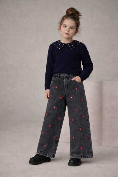 CHİCKİDSWEAR Girl's Washable Wide-Leg Embroidered Patterned Jean Trousers