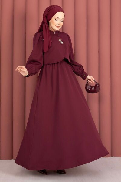 EBRUTESETTÜR طقم فستان بوليرولو بأزرار ذهبية باللون العنابي