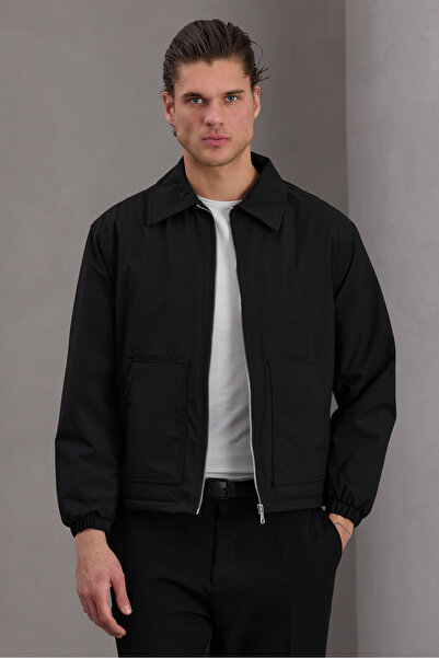 Bossago Jachetă bomber neagră cu guler clasic - Jachetă premium pentru bărbaț...