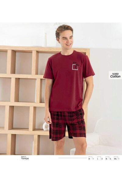 İpek Men's Short Sleeve Crew Neck Shorts Plaid Pattern 100% Cotton Pajama Set