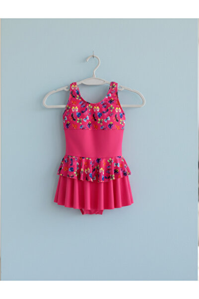 IŞILMAY Kız Çocuk Pembe Kelebek Desenli Fırfırlı Etekli Mayo Elbise