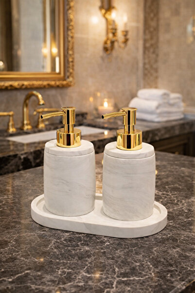 lufen deco Mermer Desenli Beton 3’lü Banyo Mutfak Wc Seti Sıvı sabunluk Deter...