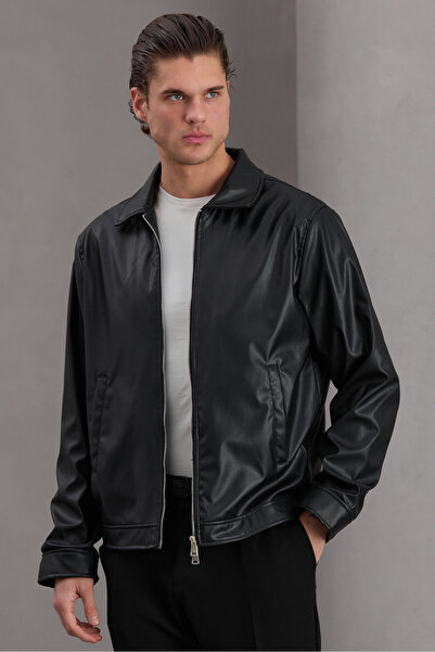 Bossago Men's Black Faux Leather Jacket - Classic Collar Oversize Leather Coat