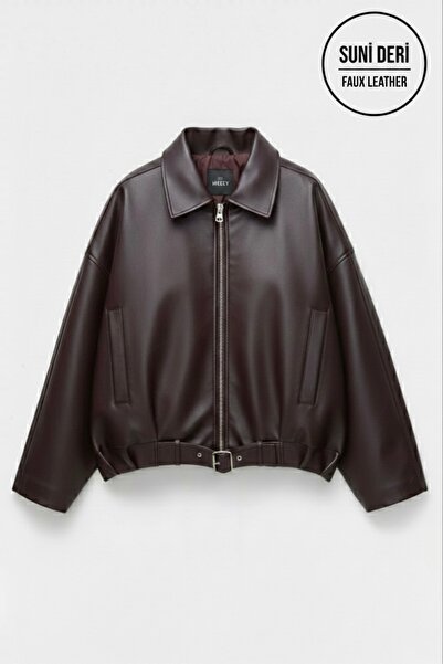 MEECY Women's Brown Oversize Faux Leather Bomber Jacket with Belt Buckle Pilo...