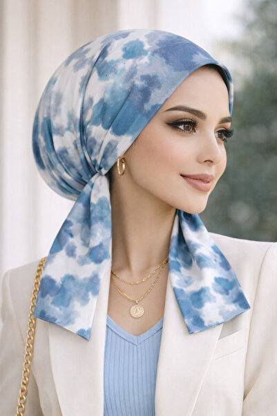 Aişe tesettür Blue Batik Pattern Scarf Bonnet