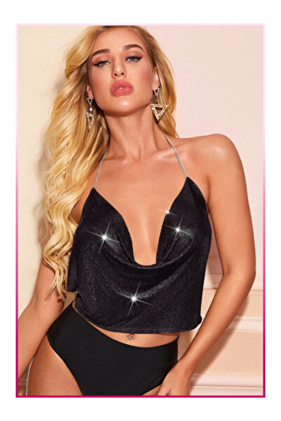 Kristal Siyah Taşlı Parlak Crop