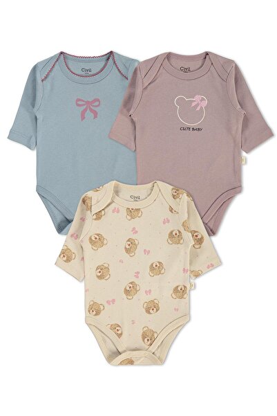 Civil Baby Ayıcık Empirmeli 3 Lü 0-36 Ay Çıtçıtlı Badi - Bej