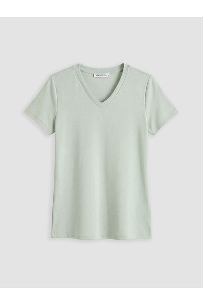 LC Waikiki New Season from Güli̇s Gi̇yi̇m Green V-Neck Soft Touch Women's T-S...