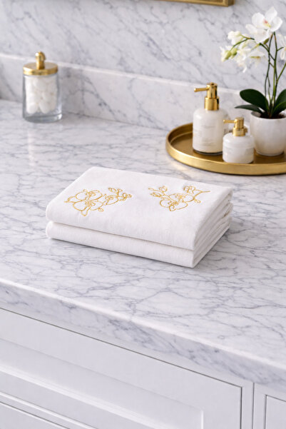 MERİL HOME TEXTILE Zarif Sarı Çiçek Detaylı El Havlusu Seti 40x60
