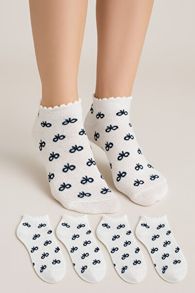 çorapmanya 5 Çift Kelebek Kurdeleli Desenli Kadın Beyaz Patik Çorap