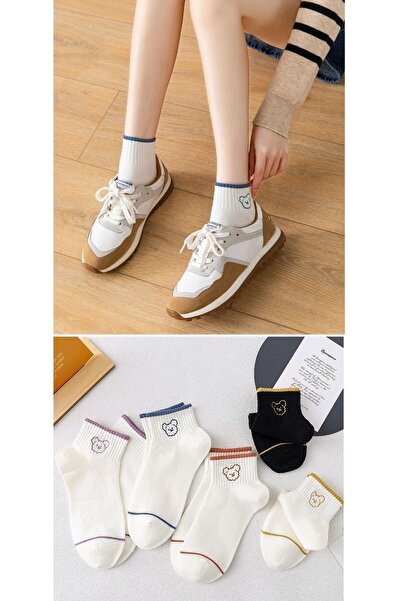 çorapmanya 5 Çift Yarım Konç Ayıcık Desenli Beyaz Unisex Kolej Tenis Çorap