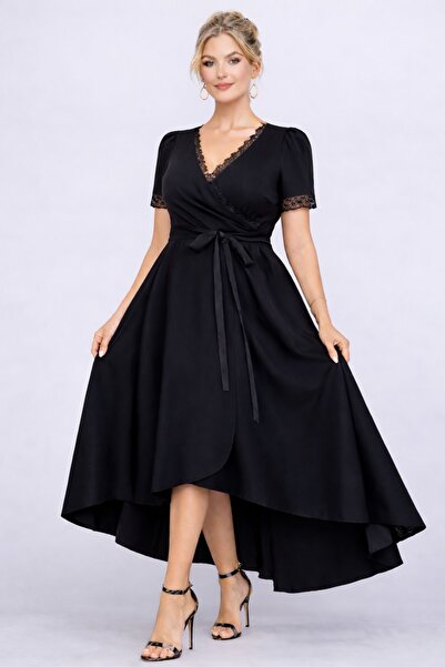 MAG FASHİON Plus Size Evening Dress, Ruffled Collar, Asymmetrical Cut, Short ...