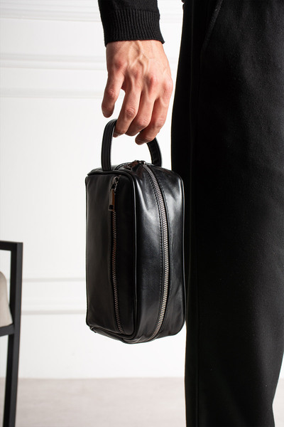 NahitaTyana Black Genuine Leather Men's Shaving Hand Portfolio&Clutch Care Bag