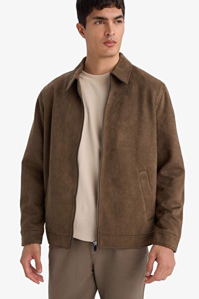 DeFacto Regular Fit Polo Collar Lined Zippered Suede Coat F7871Ax26Sp
