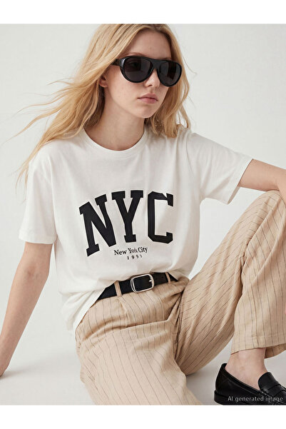 LC Waikiki Xside White City Printed 100% Cotton Women's T-Shirt