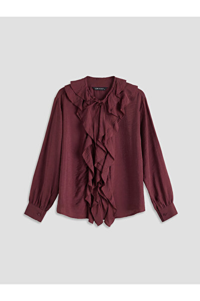 LC Waikiki بلوزة واسعة الحجم ذات ياقة مكشكشة باللون العنابي من الموسم الجديد ...