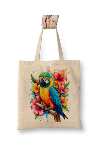 Toyaso Parrot Colorful Floral White Tote Bag Long Handle Shopping Bag Beach Bag