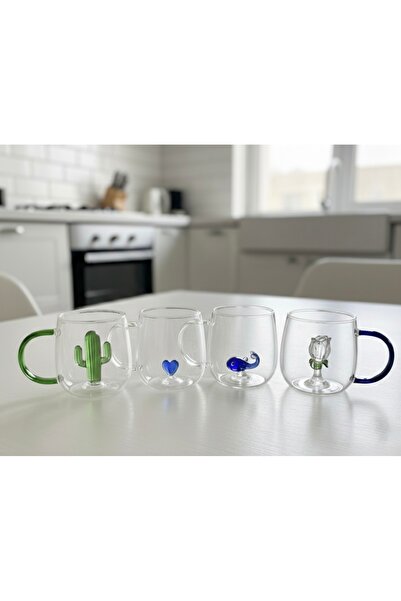 Butik Center Set of 4 Borosilicate Glass Mugs with Mixed Figures, Heat-Resist...