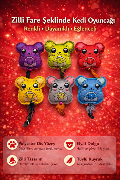 PawX Zilli Fare Şeklinde Kedi Oyuncağı – Tüylü Kuyruklu, Polyester Kumaşlı Eğ...